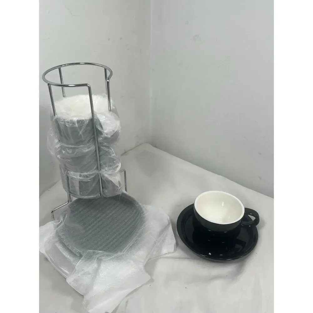 SweeJar 4 oz Espresso Cup & Saucer Set Stackable Porcelain Metal Stand Black